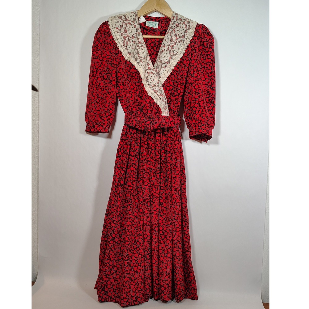 Lady Carol Petites New York Red Black Floral Lace Collar Maxi Dress Size6 Petite